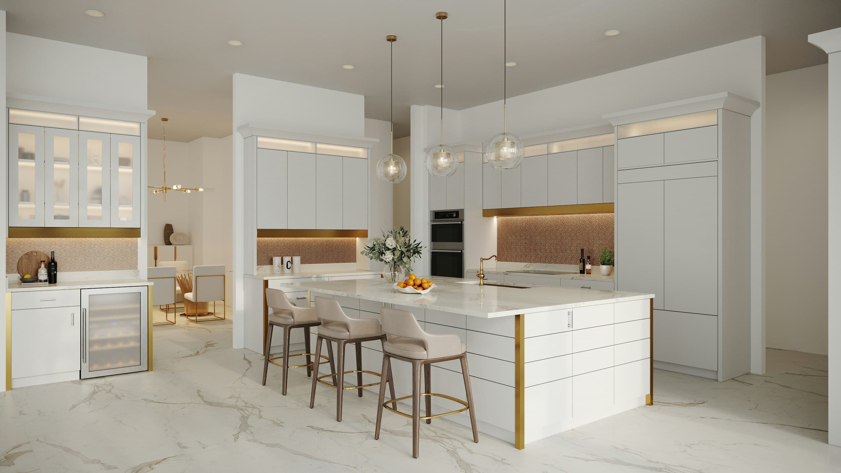 A luxurious marble kitchen with a grand veined island at rest